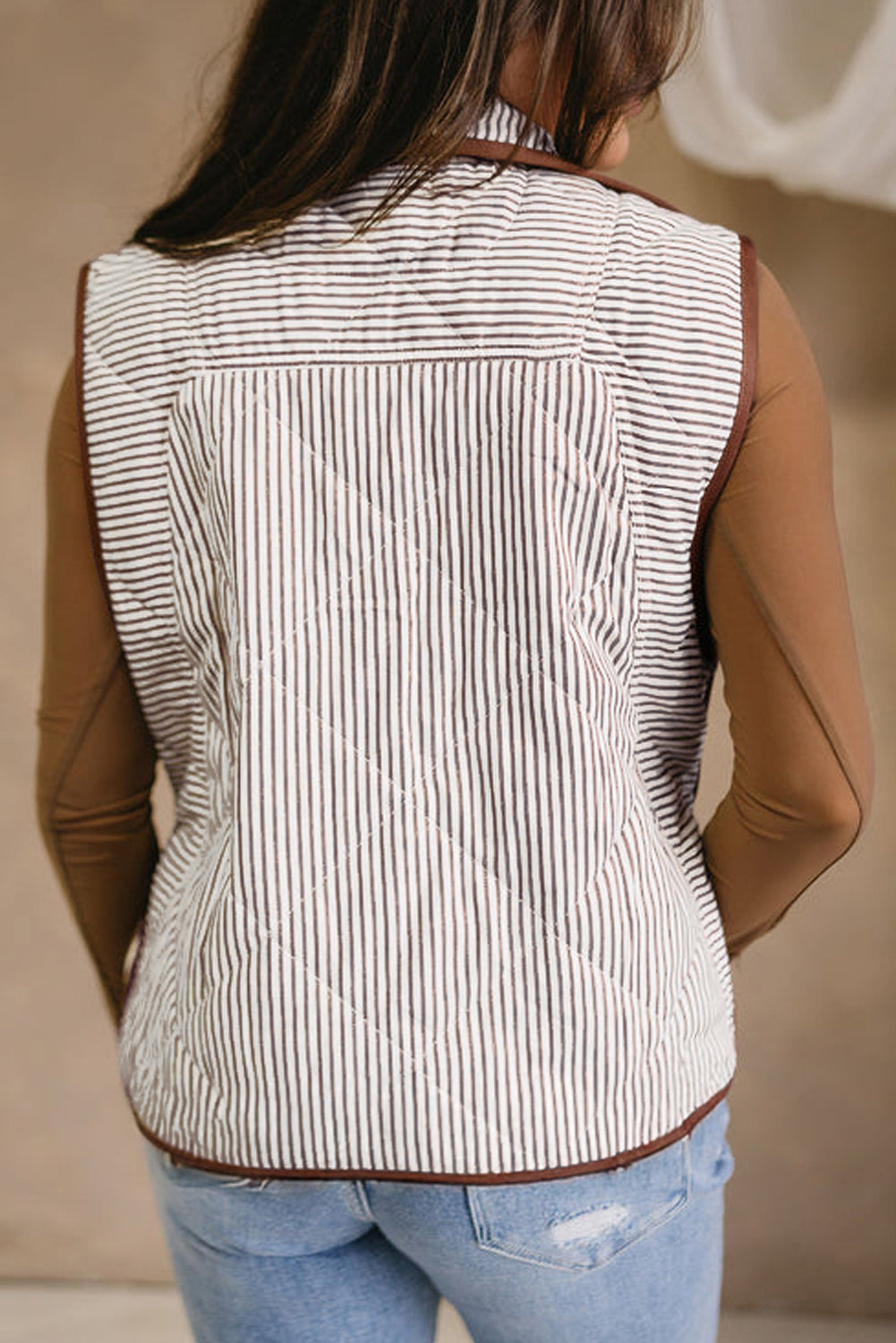 Brown Stripe Quilted Vest Plus Size Snap Button Wavy Hem Dear-Lover Dropshipping